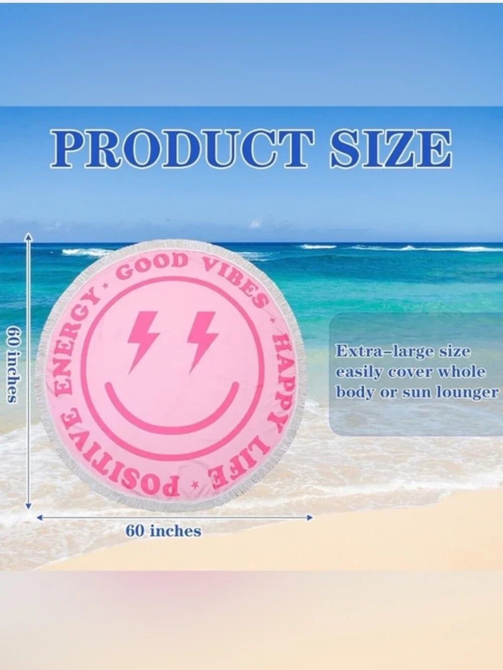Round Smiley Beach Towel with Fringe - Positive Energy Inspo message